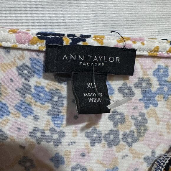 Ann Taylor Factory Shirt Womens XL Blue Pink Yellow Floral Cowl Neck Blouse - Picture 2 of 7
